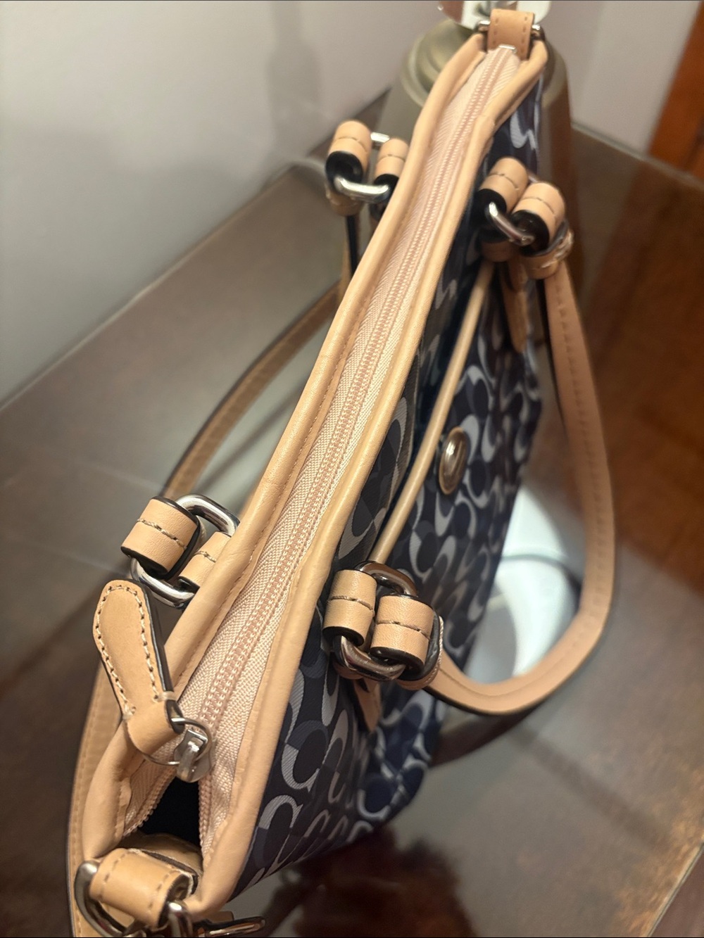 Coach Navy and Black Signature Small Tote with Tan Leather Trim - Picture 14 of 16